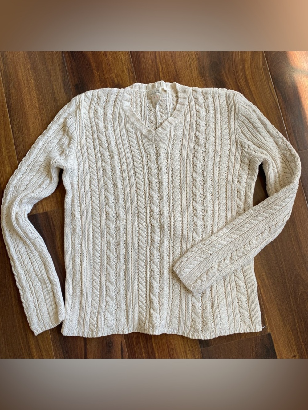 VTG J. Crew Cable Knit 100% Cotton V-Neck Sweater M Cream Fisherman’s
